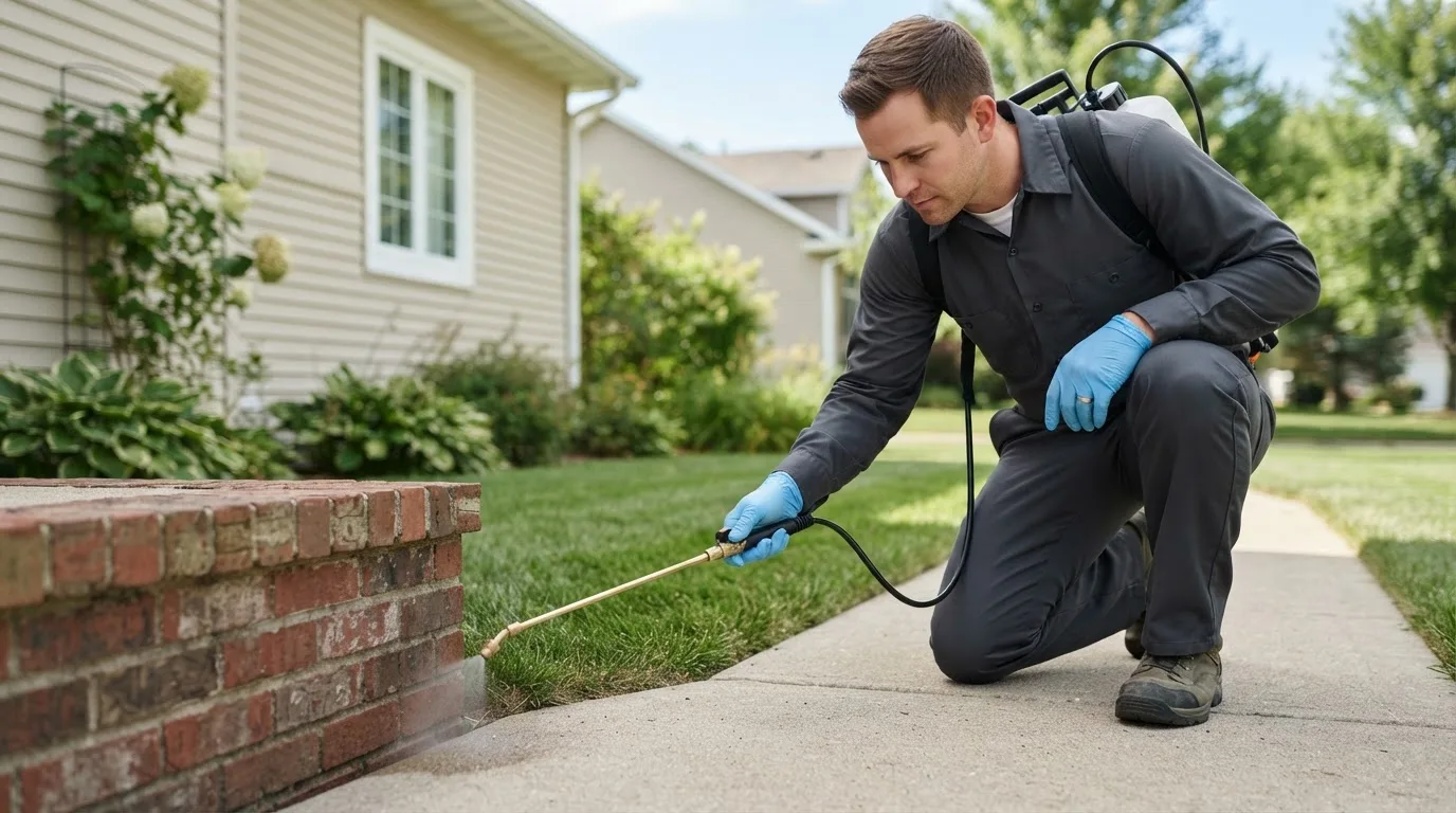 Pest control technician treating a home near Wardell, MO