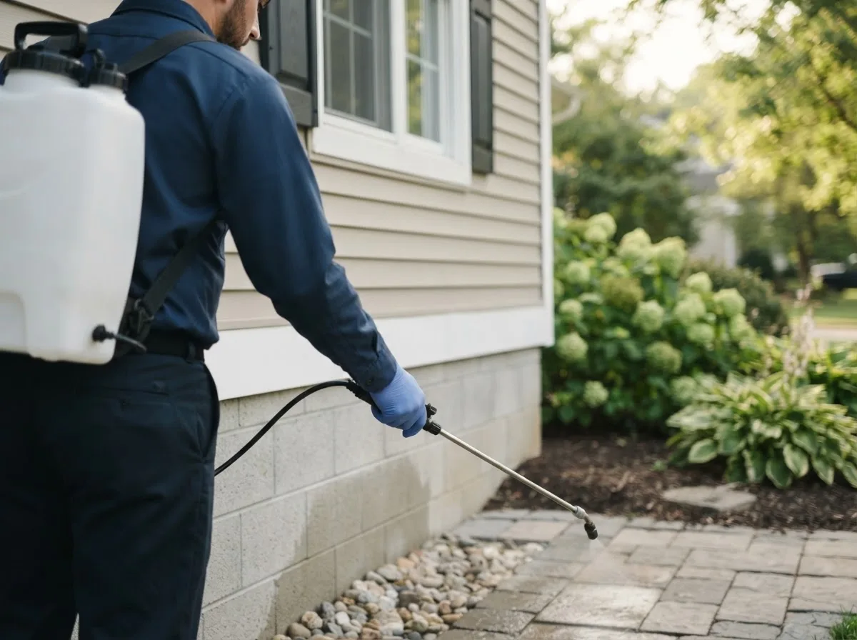 Pest control technician inspecting a home in Wardell, MO